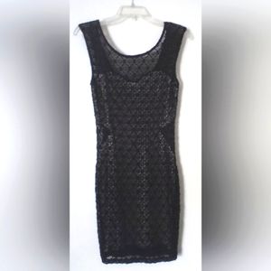 Sexy, Fitting, Sleeveless ,Mesh Black Lace Lined With Tan Slip- Evening Dress
